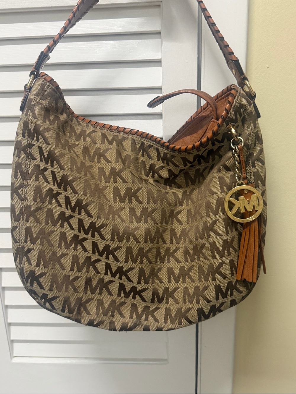 Michael Kors Beige and Brown Signature MK Hobo Bag with Gold Charm